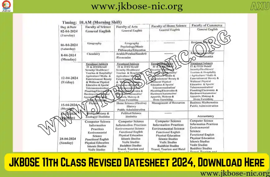 JKBOSE 11th Class Revised Datesheet 2024